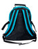 A black and teal backpack featuring adjustable straps and a top handle, with a logo on the back.