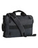 A grey laptop bag with black straps and handles, featuring a logo and adjustable shoulder strap.