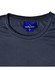 A close-up of a dark grey men's lightweight performance short-sleeve tee with a logo tag at the neckline.