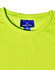 A bright lime green short-sleeve t-shirt with a tag featuring a logo.