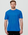 Blue men's short-sleeve performance t-shirt, featuring a relaxed fit and a logo on it.