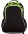 A black backpack with green accents and white detailing, featuring zippered compartments and side mesh pockets.