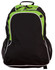 A black backpack with green accents and white detailing, featuring zippered compartments and side mesh pockets.