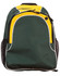 A green and yellow backpack with a zippered main compartment and mesh side pockets, featuring a logo.