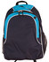 A navy and turquoise backpack featuring a zipper closure and mesh side pockets, with a logo on it.