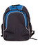 A dark grey backpack with blue accents and mesh side pockets, featuring a logo on the front.