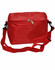 A red cooler bag with a zippered top and an adjustable shoulder strap, featuring a logo on the front.