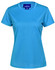 A turquoise short-sleeved women's performance T-shirt with a crew neckline and a logo on the label.
