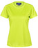 A bright lime green ladies' short-sleeve performance tee with a branding logo on the neckline.