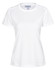 A white short-sleeve women's performance t-shirt featuring a simple design and a logo.