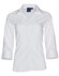 A women's white Teflon executive 3/4 sleeve button-up shirt, featuring a collar and a logo on the tag.