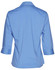 A back view of a blue women's Teflon executive 3/4 sleeve button-up shirt with a collar and rolled sleeves.