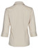 A beige women's button-up shirt with three-quarter sleeves, featuring a back view and a logo at the collar.