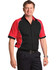 A button-up shirt featuring a tri-colour design in black, red, and white, with a logo on the chest.