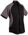 Men's tri-colour contrast button-up shirt featuring black and grey sections with white piping and a chest pocket.