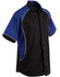 Men’s button-up shirt in black with blue contrast sleeves and white piping, featuring a logo on the chest.