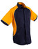 A men's button-up shirt featuring tri-colour design in navy and orange with white contrast detailing and a chest pocket.