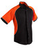 A black button-up shirt with orange contrast sleeves and white piping. It features a logo on the chest.