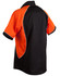 A men's button-up shirt featuring tri-colour contrast with orange and black panels, and a logo.