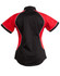 A button-up shirt in black with red tri-colour contrast and white piping, featuring a logo on the back.