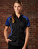 A women's button-up shirt featuring a black base with blue contrast panels and white piping, displaying a logo.