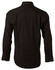 A black long sleeve button-up shirt with thin white stripes and a collar, featuring a logo on the back.