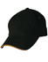 A black cap with a curved brim and a subtle yellow accent, featuring a small logo on the side.