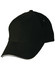 A black cap with a curved visor and a contrasting trim, featuring a logo.