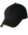 A black cap with a curved peak and a yellow accent along the edge, featuring a logo on the side.