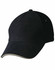 A black cap with a curved brim and a decorative trim, featuring a logo on the side.