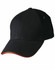 A black cap with an orange trim on the peak, featuring a logo on the side.