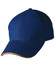 A navy blue cap with a curved visor and a contrasting yellow trim, featuring a logo on the side.