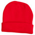 Acrylic beanie in bright red, featuring a ribbed texture and folded cuff. It has a small logo on its side.