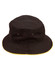 A black bucket hat with a contrast yellow brim and eyelets, featuring a logo.