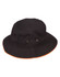 A black bucket hat with a contrast orange trim and eyelet vents. It features a logo on the side.