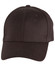 A black cotton fitted cap with a curved brim, featuring a logo on the front.