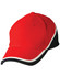 A red cap with contrasting white and black accents. It features a logo on the front.
