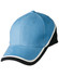 A blue and black cap with white trim and a logo on the front.