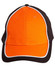 A cap featuring tri-colour design with orange, black, and white accents, and has a logo on it.