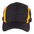 A black cap with yellow stripes and a branding logo, featuring a foldable design.