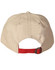 A beige cap with a red strap at the back and a logo.