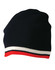 A beanie featuring a contrasting stripe pattern in navy blue, white, and red, with a logo on one side.