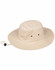 A beige bucket hat with eyelet vents and a pull cord for an adjustable fit. It features a logo on the side.