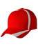 A red baseball cap featuring white contrast stripes and an adjustable back, with a logo on the front.