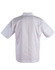 A short sleeve chef's jacket in white, featuring a simple design and a logo on the back.