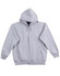 A grey men's full-zip fleecy hoodie featuring a hood and a logo.