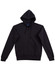 A black full-zip fleecy hoodie featuring a hood and front pockets, with a logo on the front.