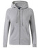 A ladies' full-zip fleecy hoodie in light grey, featuring a hood and front pockets, with a logo on the chest.