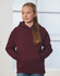 A maroon kids' fleece hoodie with a front pocket and a hood, worn by a girl with long hair.