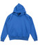 A blue kids' fleece hoodie with a kangaroo pocket and a hood, featuring a logo on the label.